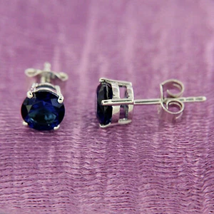 Natural Sapphire Bezel Set Solitaire Studs Earrings in 10k White Gold - Picture 1 of 4
