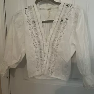 Camisa Bohemia Free People Louella Crochet Encaje Top Manga Abullonada Blanca Talla XS - Imagen 1 de 6