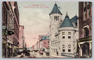 1906 Augusta, Maine, ME Old Post Office -Water Street People Carriages Postcard - Picture 1 of 5