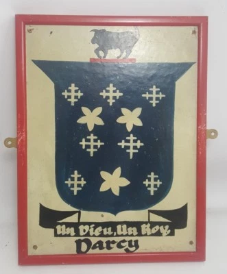 Vintage HAND PAINTED COAT OF ARMS DARCY Surname Latin Motto Heraldic Crest - Image 1 of 4