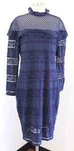 Bebe Navy Blue Ruffle Mesh Lace Mock Neck Dress Size XL Cocktail Party Midi - Picture 1 of 6