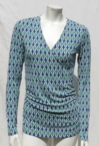 BODEN Green Blue Print Jersey Knit Long Sleeves ELODIE Wrap Shirt Top 8 UK 12 M - Picture 1 of 5