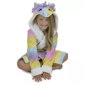 Girls Childrens Rainbow Unicorn Fleece Kids Robe Multicoloured Dressing Gown - Picture 1 of 6