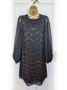 JENNY PACKHAM No.1 Black & Copper Flower Bead Sequin Cocktail Dress, sz 8 - VGC - Picture 1 of 8