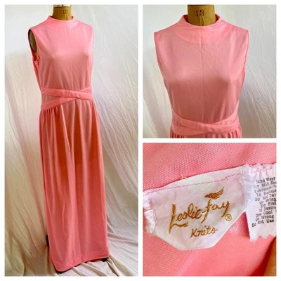 vtg 60s LESLIE FAY Knits Pink Minimalist Mod Column Maxi Dress Hippie Boho M EUC - Image 1 of 4