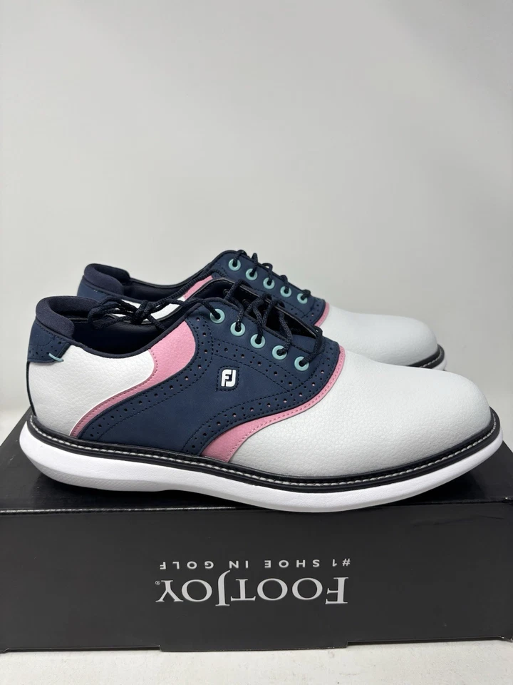 FootJoy Traditions Mens US Size 9 Saddle Golf Shoes White/Blue/Pink 57959 NWB