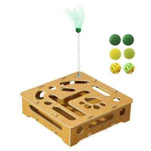 Katzenpuzzle Holzbox mit Feder und Bällen Haustierspielzeug Interactive Treat G - Bild 1 von 12