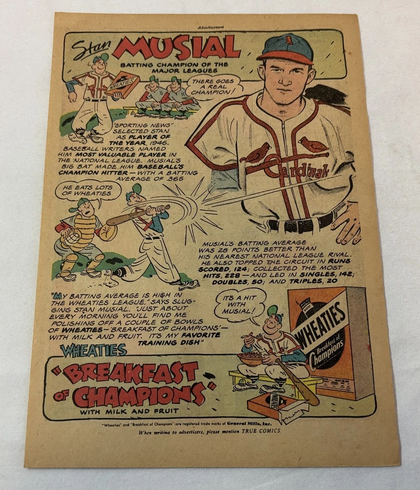 Página de anuncio de dibujos animados Wheaties Stan Musial 1947 ~ Cardenales de San Luis Foto 1 de 1