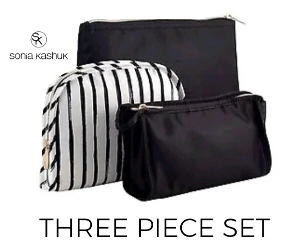 Bolsa organizadora de maquillaje Sonia Kashuk conjunto de 3 piezas bolsa cosmética con cremallera estuche para lápices rayas Foto 1 de 4