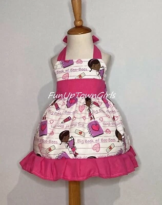 GIRLS BIRTHDAY CUSTOM DOC MCSTUFFINS PINK HALTER DRESS FROM 12M TO 8Y - Image 1 of 4