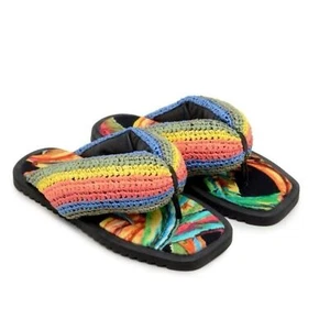 FARM Rio NWT Black Banana Puffy Fluffy Crochet Flip Flops Sandals Rainbow Size 9 - Picture 1 of 12