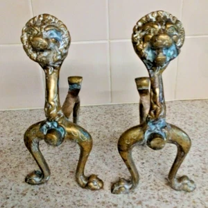 Brass Andirons Fire Dogs x2 Fireside Hearth With Lion Detail Vintage - Picture 1 of 4