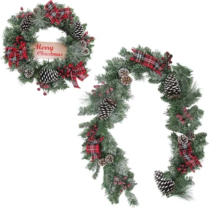 24" Wreath and 6-Ft. Garland Set, Snow Flocked with Pinecones and Bows, FFCH006S - Picture 1 of 9