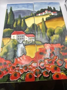New in Box BENAYA Tile Art Plaque Matching Pair: Poppy Fields A & B 16" x 6” BN - Picture 1 of 24