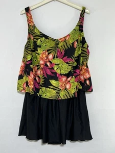 Indigo Bay Women 20W  One Piece Skirted Bathing Suit Black Floral - Picture 1 of 5
