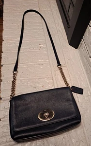 Coach Crosstown Crossbody Bag Navy Blue Pebble Leather Gold Turn Lock Closure - Picture 1 of 17