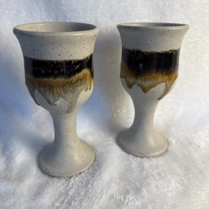 Set of 2 Studio Art Pottery Goblet Wine Chalice Earth Tone Stoneware Cups 8.25"  - Picture 1 of 6