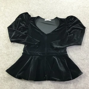 Anne Fontaine Velvet Peplum Top Womens 40 Black Long Sleeve ELYSE Ruched Elegant - Picture 1 of 14