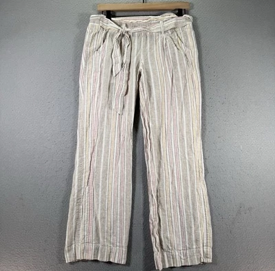 Pantalones de lino Jolts para mujer medianos beige rayas cómodos pierna recta cinturón relax Foto 1 de 4