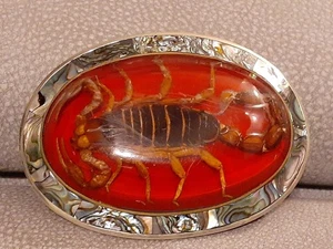 Vintage Scorpion Belt Buckle - 4X3 Red Mother Of Pearl Silver Tone - Picture 1 of 8