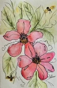 Original Signed Watercolor Painting. Vibrant Coral Flowers. 5x7" Line And Wash. - Picture 1 of 3