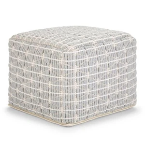 Noreen Boho Square Pouf in Light Blue, White Handloom Woven Pattern - Picture 1 of 7