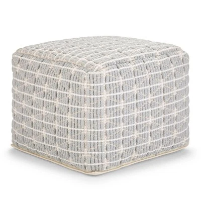 Noreen Boho Square Pouf in Light Blue, White Handloom Woven Pattern - Image 1 of 4