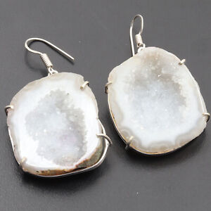 Agate Geode Druzy Gemstone Silver Plated HUGE Earrings 2.1" Jewelry H16052