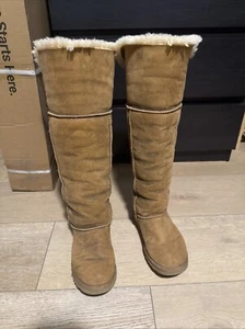 UGG OVER THE KNEE BAILEY BUTTON BOOTS 8 CHESTNUT HOLOGRAM GUC FUR RARE! - Picture 1 of 15