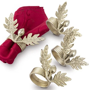 Brass Tone Aluminum Leaf Napkin Rings, Round Cloth Serviette Holders, Set of 4 - Picture 1 of 7
