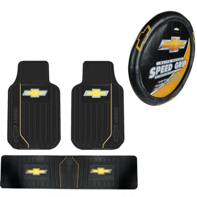 New 4pcs Chevy Elite Style Car Truck Front Rear Floor Mats Steering Wheel Cover - Imagem 1 de 4