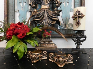 TWO GOLD leaf Capital Votive Candle Holder, Set 2 Handmade Plaster Candle Risers - Picture 1 of 5