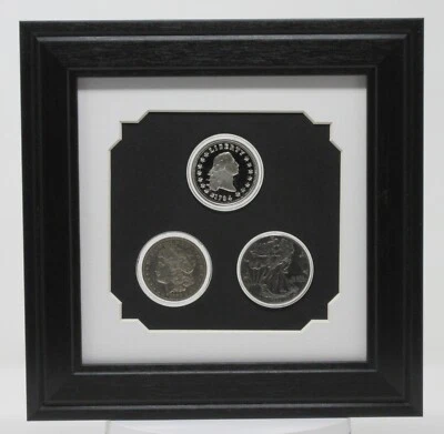 3-СЕРЕБРЯНЫЕ КРУГЛЫЕ МОНЕТЫ (НЕ ВКЛЮЧЕНЫ) КАРТИНА ДИСПЛЕЙ НАСТЕННАЯ РАМА СДЕЛАНО В США - Изображение 1 из 4