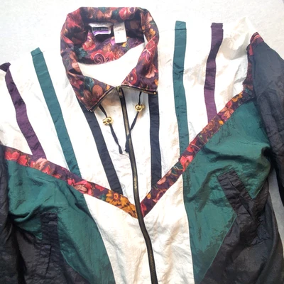 Vintage AthleTECH Parachute Jacket Windbreaker Women Lg Green White Zip - Image 1 of 4