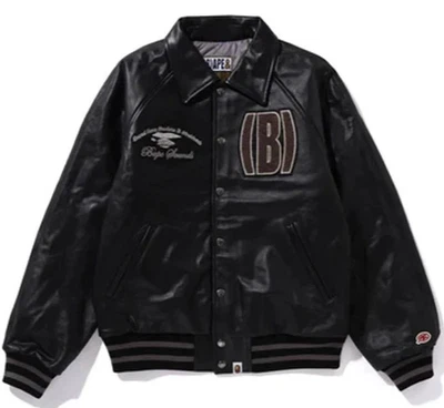 A Bathing Ape BAPE (B)APE Leather Varsity Jacket Black 1J80-141-002 Size M - Image 1 of 4