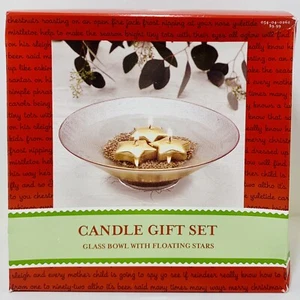HOLIDAY CANDLE Gift Set 8” Glass Bowl 3 Christmas Gold Star Floating Candles NEW - Picture 1 of 5