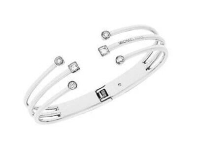 NEW-MICHAEL KORS SILVER TONE,LAYERED,CZ CRYSTALS TIPS,OPEN CUFF BANGLE MKJ5991 - Image 1 of 3