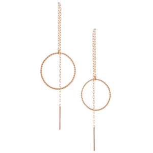 Fine Women 14K Rose Gold Hand Made Rope unbalanced Circle Threader Drop Earrings - Picture 1 of 6