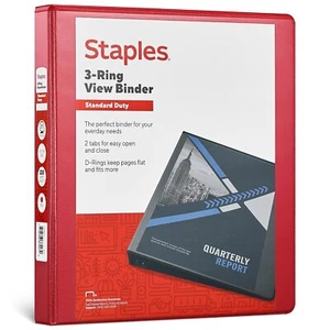 Staples Standard 1" 3-Ring View Binder Red (58652) - Picture 1 of 6