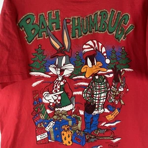 Vintage Christmas T-shirt Bugs Bunny Daffy Duck 1994 Red XL Bah Humbug Glitter - Picture 1 of 16