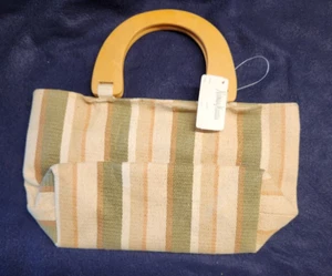 Neiman Marcus Green & Tan Striped Straw Bag with Wooden Handles NOS - Picture 1 of 4