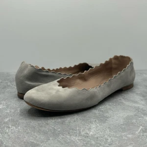 Chloe Lauren Gray Ballerina Ballet Flats Size 38.5 Suede Leather Scalloped Trim - Picture 1 of 12