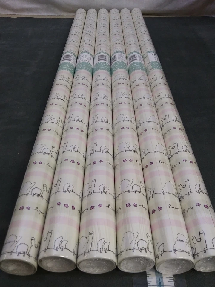 6 rolls Gift wrap baby clothes on line  20sq ft pink beige with pink flowers. - Image 1 of 4