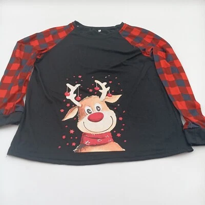 Женский топ с оленями средний многоцветный клетчатый праздничный веселый с длинным рукавом - Изображение 1 из 4