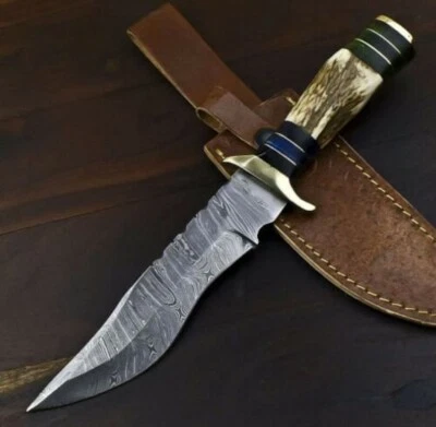 12"Damacus Steel Blade and Deer Antler Handle Knife, Expert In His Craft - Image 1 of 4