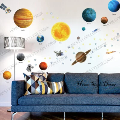 Solar System Wall Stickers Space Planets Kids Education Decor Mural Art Decal UK - Image 1 of 4