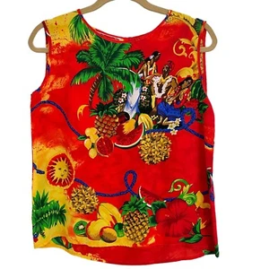 VTG 80s Christian Llinares Top Sz Medium Sleeveless Orange Hawaiian Print Silk - Picture 1 of 8