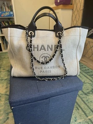 CHANEL Deauville MM Chain Tote Bag Straw Leather Grey Black Medium - Image 1 of 4