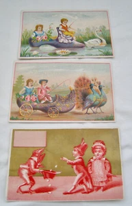 3 19TH C. STOCK TRADE CARDS ANIMAL FANTASIES SWAN SHOE BOAT (boy fishes in front - Picture 1 of 2