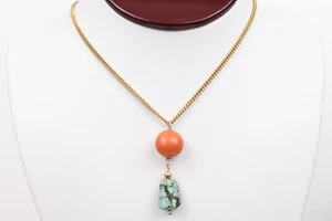 Graceful c.1940 14k Gold Coral & Turquoise Drop Necklace, 24" Chain, 2.4g - Picture 1 of 17